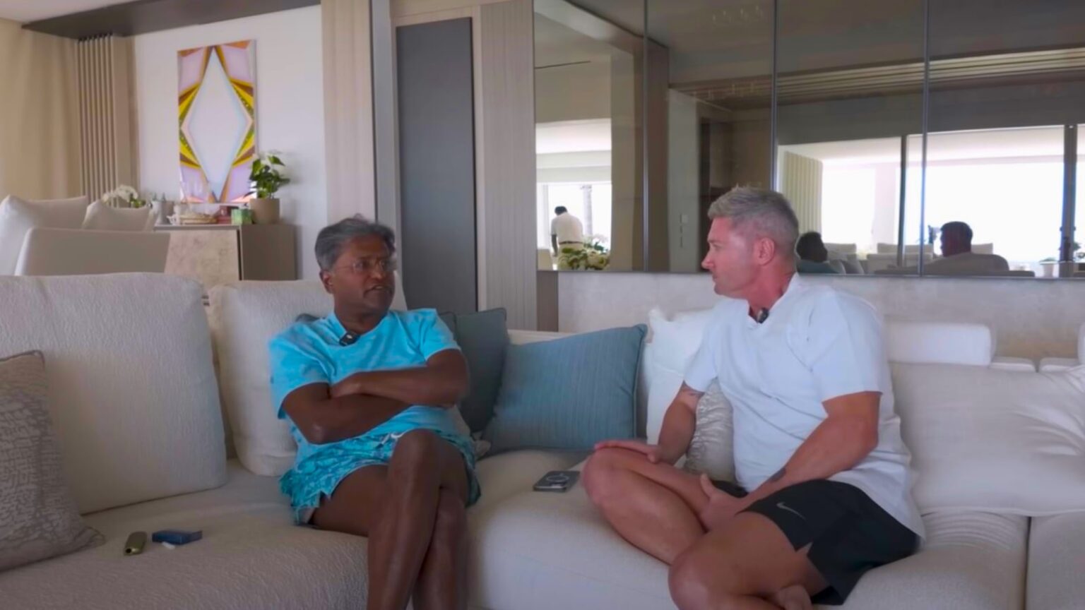 Former IPL commissioner Lalit Modi gives an interview to ex-Australian cricketer Michael Clarke at Modi