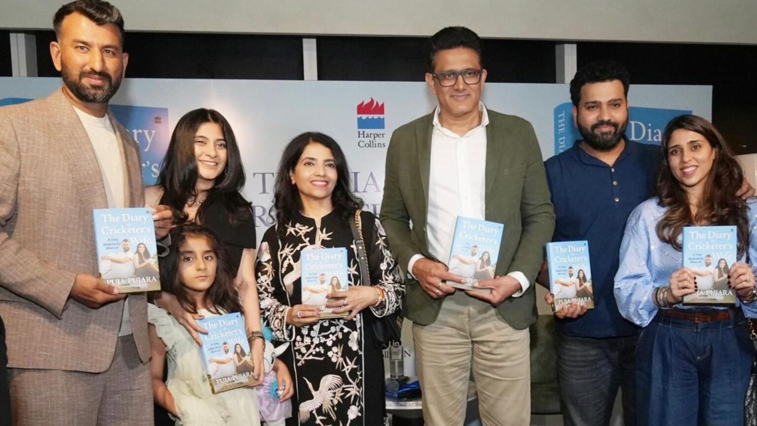 File image of Cheteshwar Pujara, his wife Puja, Anil Kumble and Rohit Sharma during the book launch of The Diary of a Cricketer