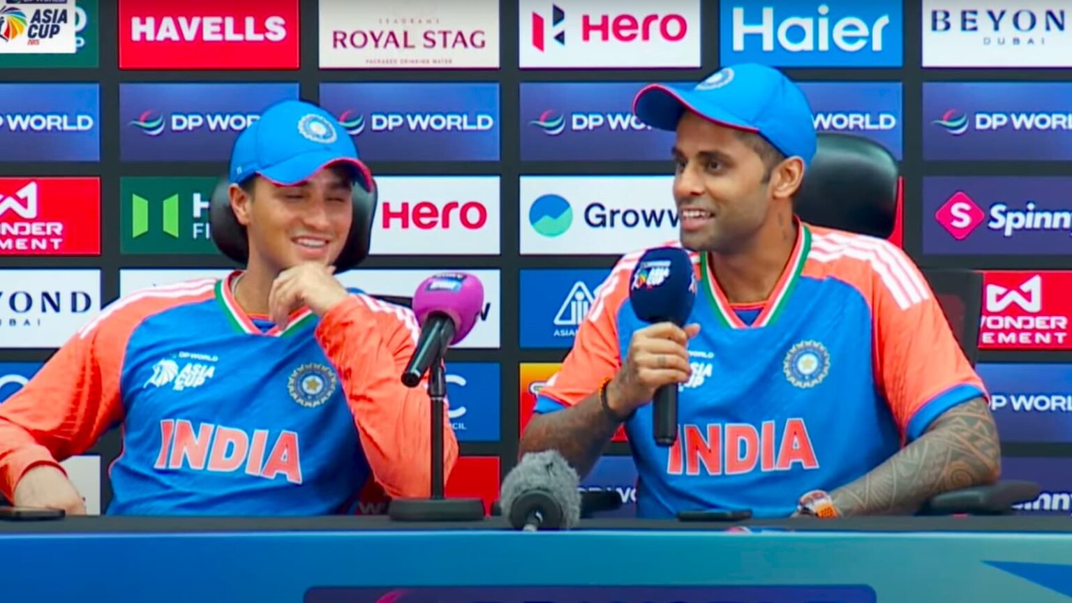 Suryakumar Yadav and Abhishek Sharma address the press conference after India